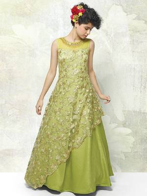 Light Green Viscose Embroidery Net Readymade Full Flair Partywear Designer Kids Wear Gown Dress 1