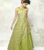 Light Green Viscose Embroidery Net Readymade Full Flair Partywear Designer Kids Wear Gown Dress