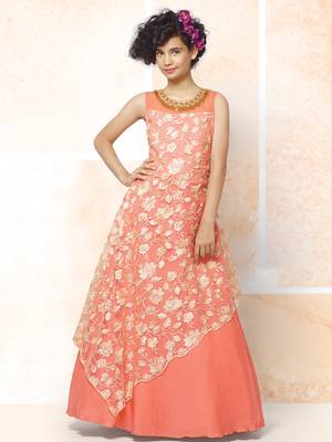 Orange Viscose Embroidery Net Readymade Full Flair Partywear Designer Kids Wear Gown Dress 1