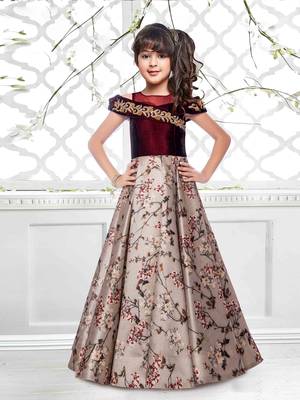 Maroon N Beige Taffeta Silk Digital Printed Flared Heavy Readymade Partywear Gown For Girls Kids Wear 1