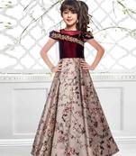 Maroon N Beige Taffeta Silk Digital Printed Flared Heavy Readymade Partywear Gown For Girls Kids Wear