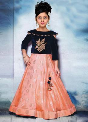 Navy Blue Embroidered Velvet Designer Readymade kids Lehenga Choli with dupatta Ethnic Wear 1
