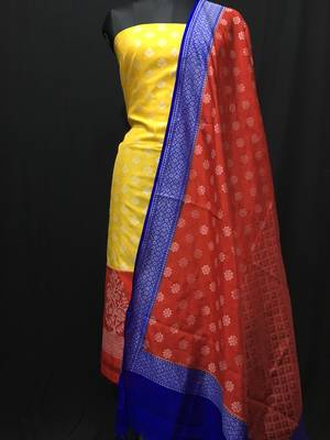 Yellow  weaved dupion silk unstitched salwar with dupatta 1