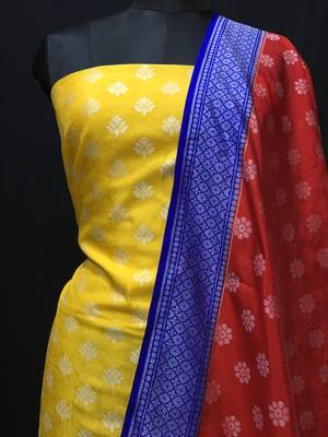 Yellow  weaved dupion silk unstitched salwar with dupatta 2