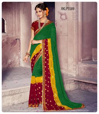 Green printed chiffon saree with blouse 2