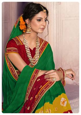 Green printed chiffon saree with blouse 1