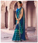 Blue printed chiffon saree with blouse
