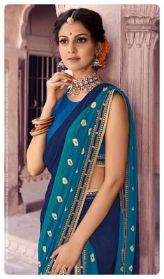Blue printed chiffon saree with blouse 2