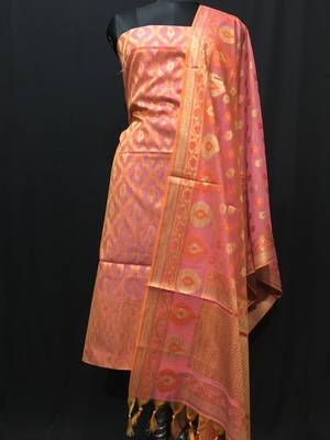 Pink weaved cotton silk unstitched salwar with dupatta 1