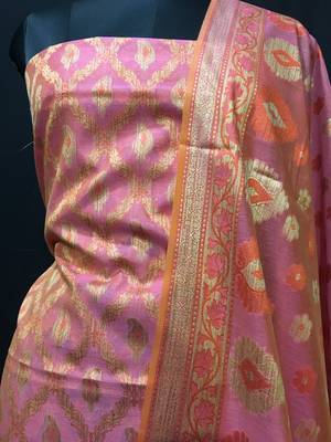 Pink weaved cotton silk unstitched salwar with dupatta 2