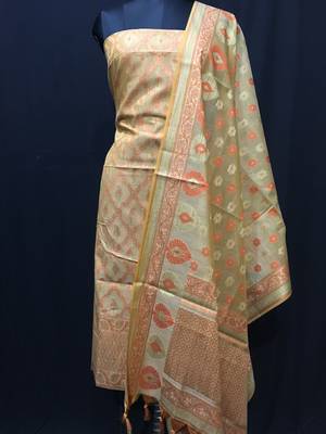 Beige weaved cotton silk unstitched salwar with dupatta 1