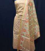 Beige weaved cotton silk unstitched salwar with dupatta