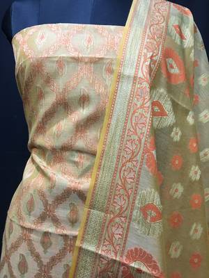 Beige weaved cotton silk unstitched salwar with dupatta 2