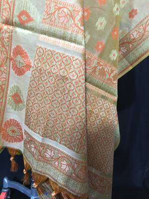 Beige weaved cotton silk unstitched salwar with dupatta 3
