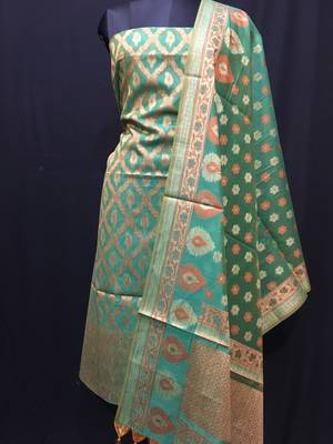 Green weaved cotton silk unstitched salwar with dupatta 1