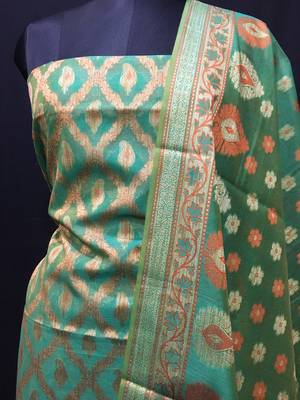 Green weaved cotton silk unstitched salwar with dupatta 2