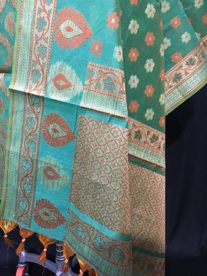 Green weaved cotton silk unstitched salwar with dupatta 3