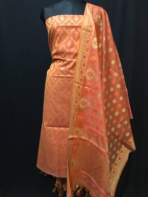 Peach weaved cotton silk unstitched salwar with dupatta 1