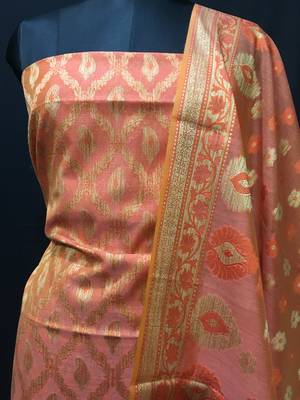 Peach weaved cotton silk unstitched salwar with dupatta 2