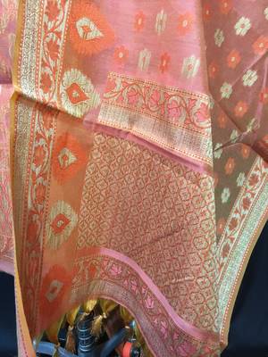 Peach weaved cotton silk unstitched salwar with dupatta 3