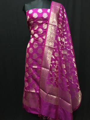 Pink weaved katan silk unstitched salwar with dupatta 1