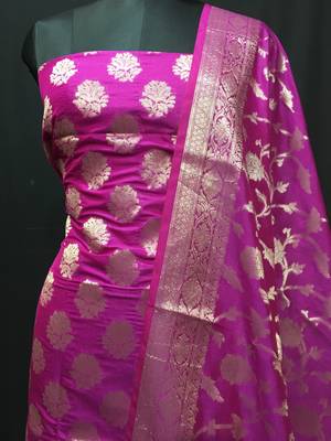 Pink weaved katan silk unstitched salwar with dupatta 2