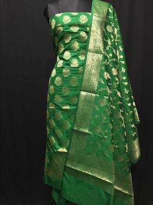 Green weaved katan silk unstitched salwar with dupatta 1
