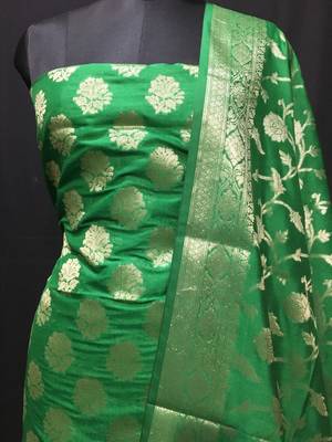 Green weaved katan silk unstitched salwar with dupatta 2