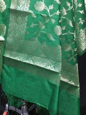 Green weaved katan silk unstitched salwar with dupatta 3