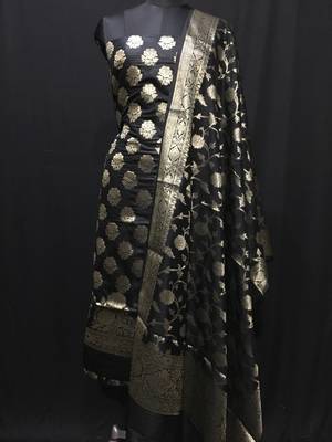 Black weaved katan silk unstitched salwar with dupatta 1