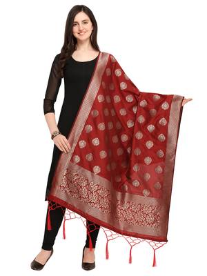 Maroon Art Silk Woven Women'S Dupatta 1