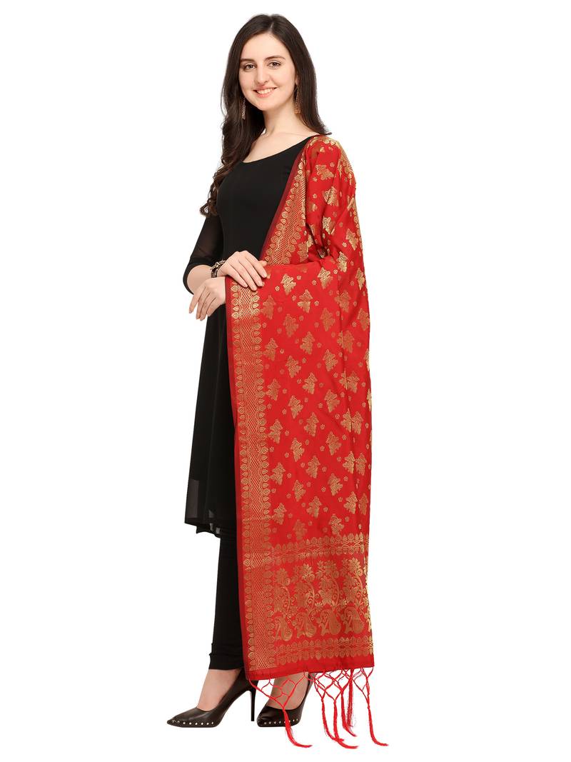 Maroon Art Silk Woven Women'S Dupatta