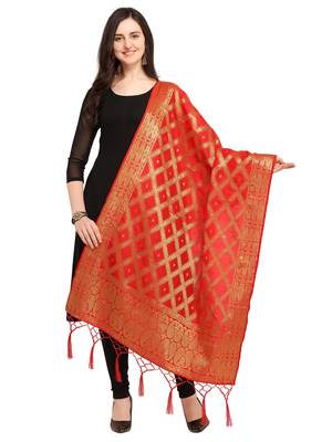 Red Art Silk Woven Women'S Dupatta 1