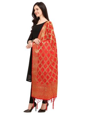 Red Art Silk Woven Women'S Dupatta 2