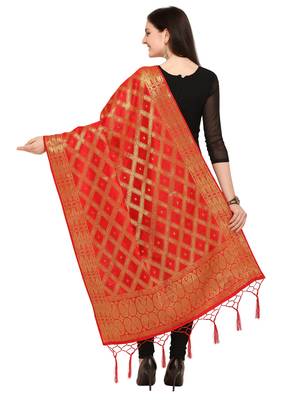 Red Art Silk Woven Women'S Dupatta 3