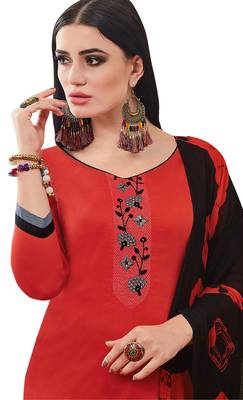 Red Embroidered Banarasi Cotton Salwar With Dupatta 2