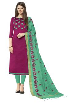 Purple Embroidered Cotton Salwar With Dupatta