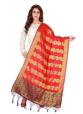 Red Art Silk Woven Stole And Dupatta 1