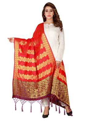 Red Art Silk Woven Stole And Dupatta 2