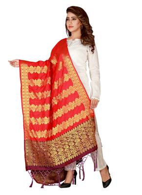 Red Art Silk Woven Stole And Dupatta 3