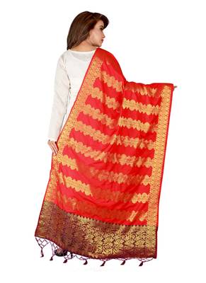 Red Art Silk Woven Stole And Dupatta 4
