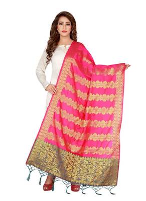Pink Art Silk Woven Stole And Dupatta 1