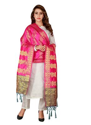 Pink Art Silk Woven Stole And Dupatta 2