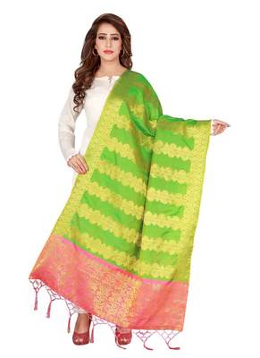 Green Art Silk Woven Stole And Dupatta 1