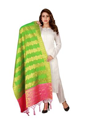 Green Art Silk Woven Stole And Dupatta 2