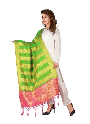 Green Art Silk Woven Stole And Dupatta 3