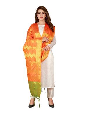 Orange Art Silk Woven Stole And Dupatta 2