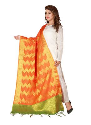 Orange Art Silk Woven Stole And Dupatta 3