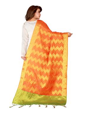 Orange Art Silk Woven Stole And Dupatta 4