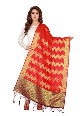 Red Art Silk Woven Stole And Dupatta 1